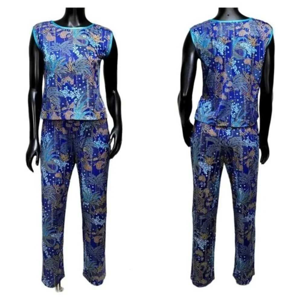 Vintage 70s Blue Tropical‎ Print Pant Set Womens M Lounge Resort Mod 2 Piece